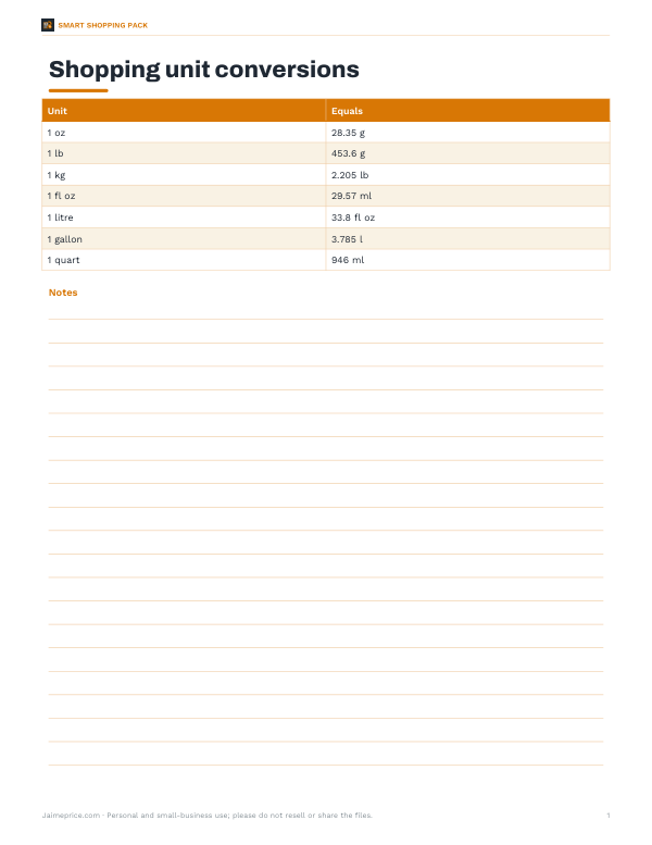 Preview of Printable Shopping Conversion Card